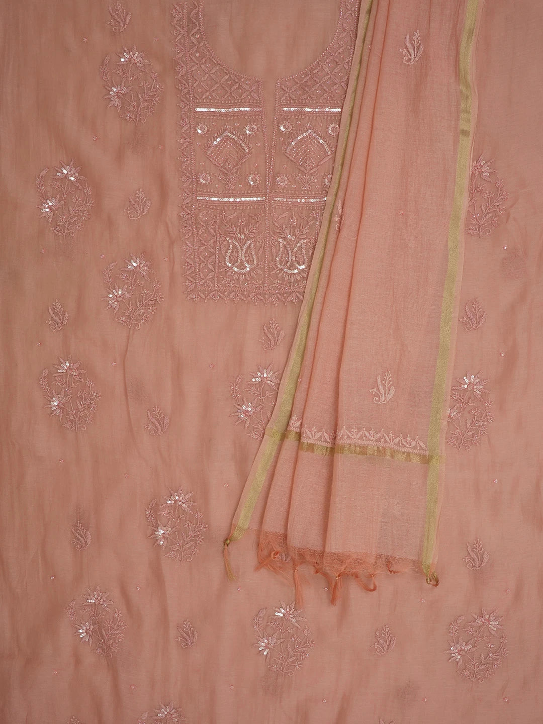 Ada Hand Embroidered Dusty Peach Chanderi Lucknowi Chikankari Unstitched Kurta Dupatta Set With Sequinned and Cutdana Work 01A598602