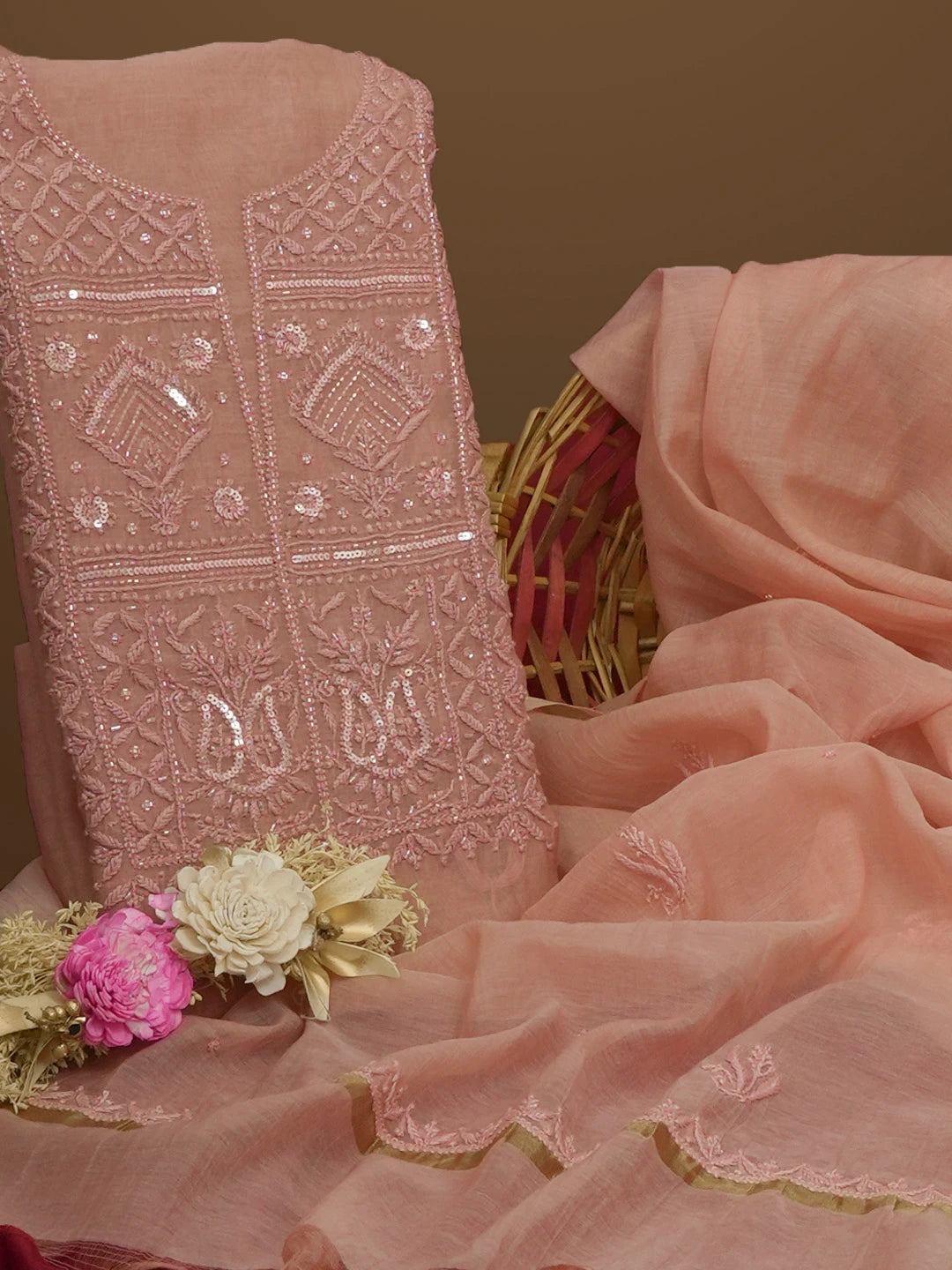 Ada Hand Embroidered Dusty Peach Chanderi Lucknowi Chikankari Unstitched Kurta Dupatta Set With Sequinned and Cutdana Work 01A598602