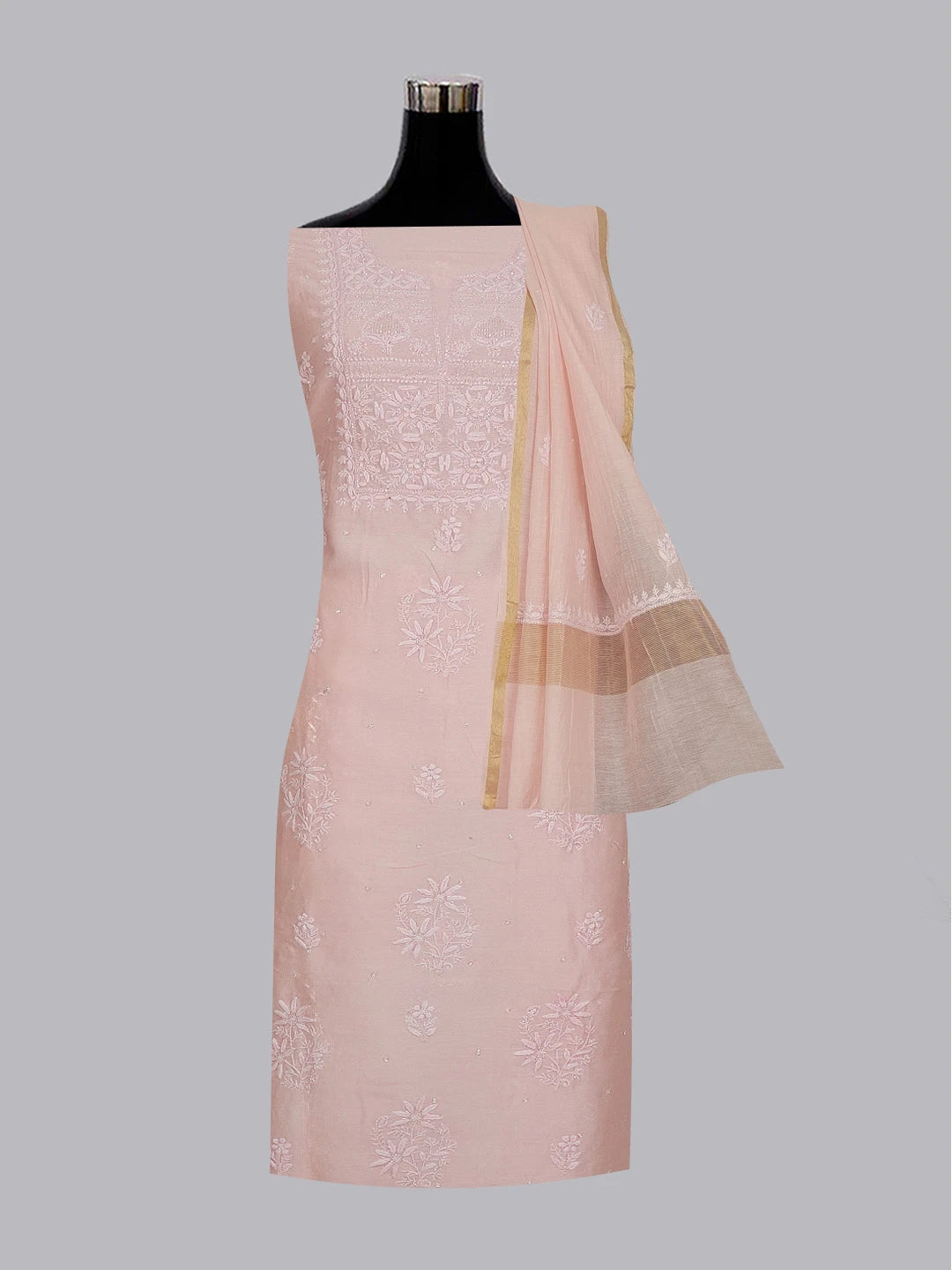 Ada Hand Embroidered Pink Chanderi Lucknowi Chikankari Unstitched Kurta Dupatta Set With Pearl and Cutdana Work 01A598608