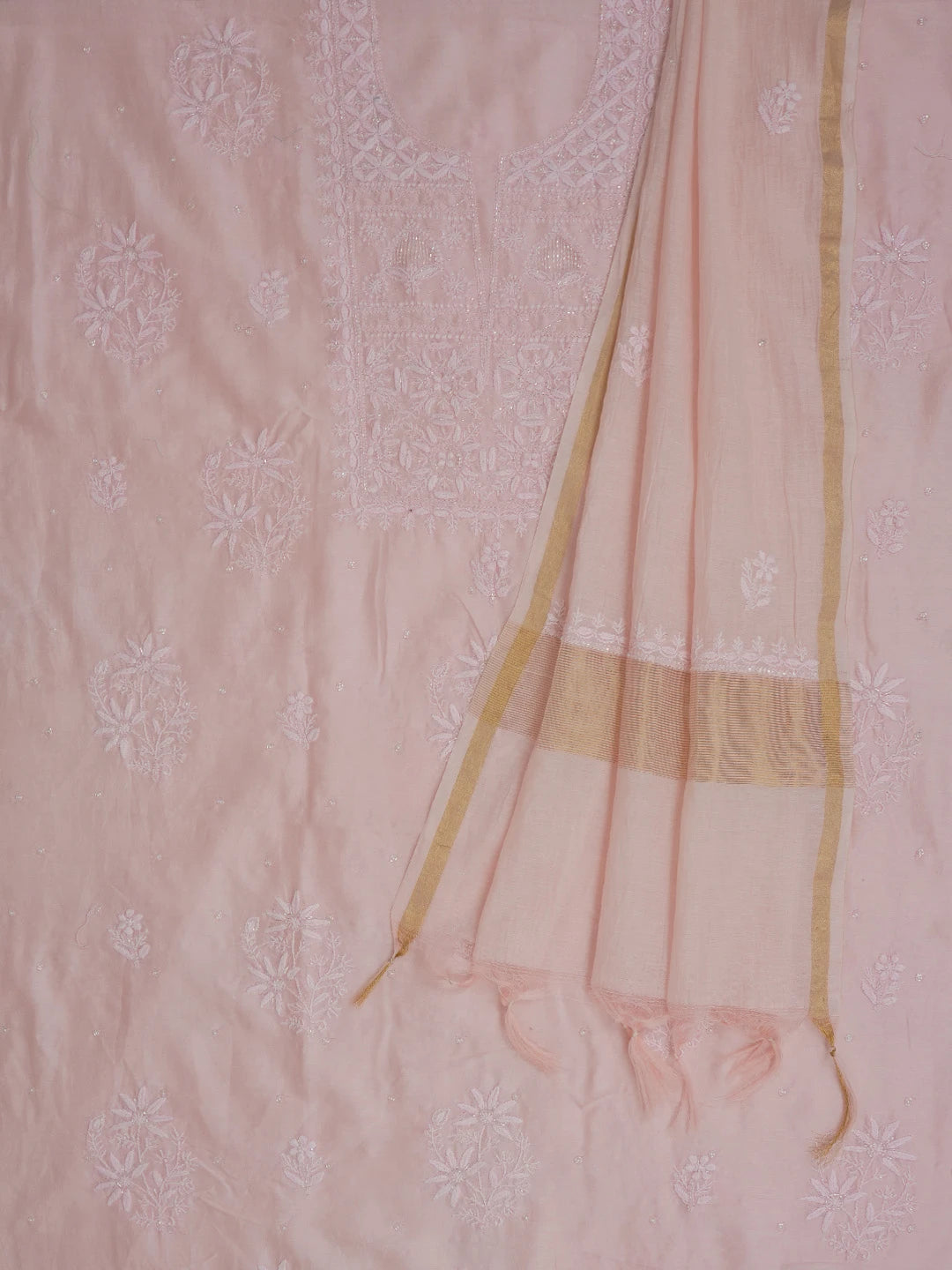 Ada Hand Embroidered Pink Chanderi Lucknowi Chikankari Unstitched Kurta Dupatta Set With Pearl and Cutdana Work 01A598608