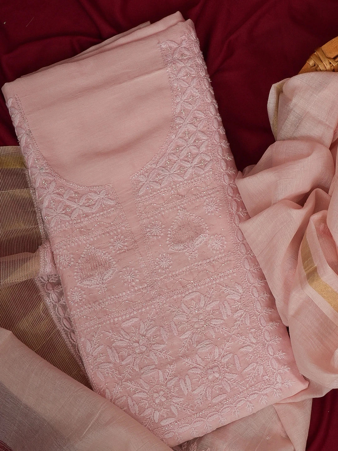 Ada Hand Embroidered Pink Chanderi Lucknowi Chikankari Unstitched Kurta Dupatta Set With Pearl and Cutdana Work 01A598608