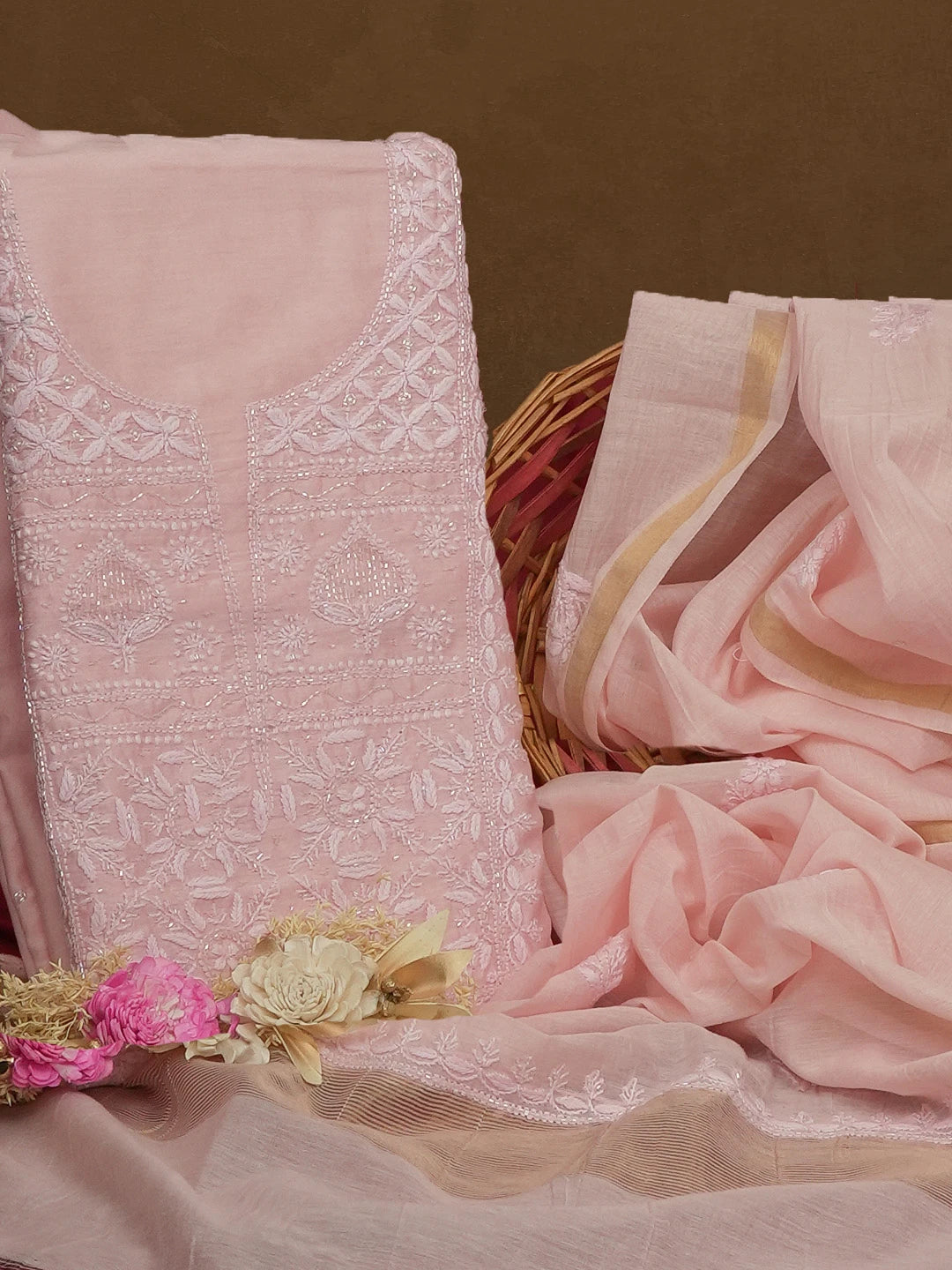 Ada Hand Embroidered Pink Chanderi Lucknowi Chikankari Unstitched Kurta Dupatta Set With Pearl and Cutdana Work 01A598608