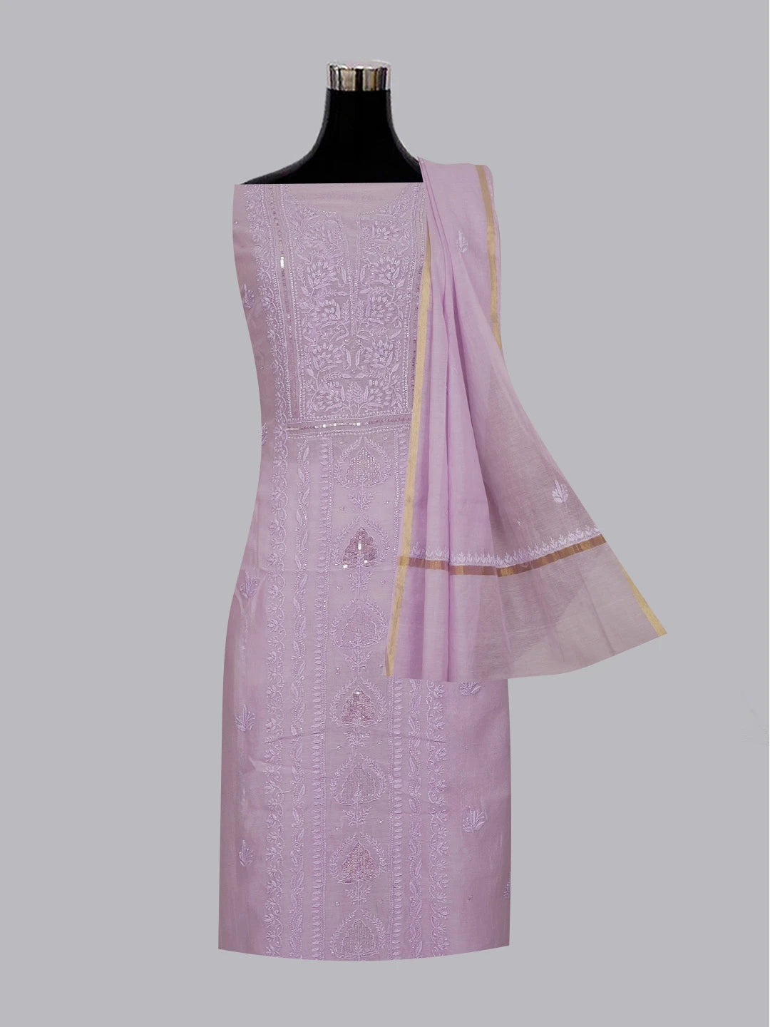Ada Hand Embroidered Lavender Chanderi Lucknowi Chikankari Unstitched Kurta Dupatta Set With Sequinned and Cutdana Work 01A598601