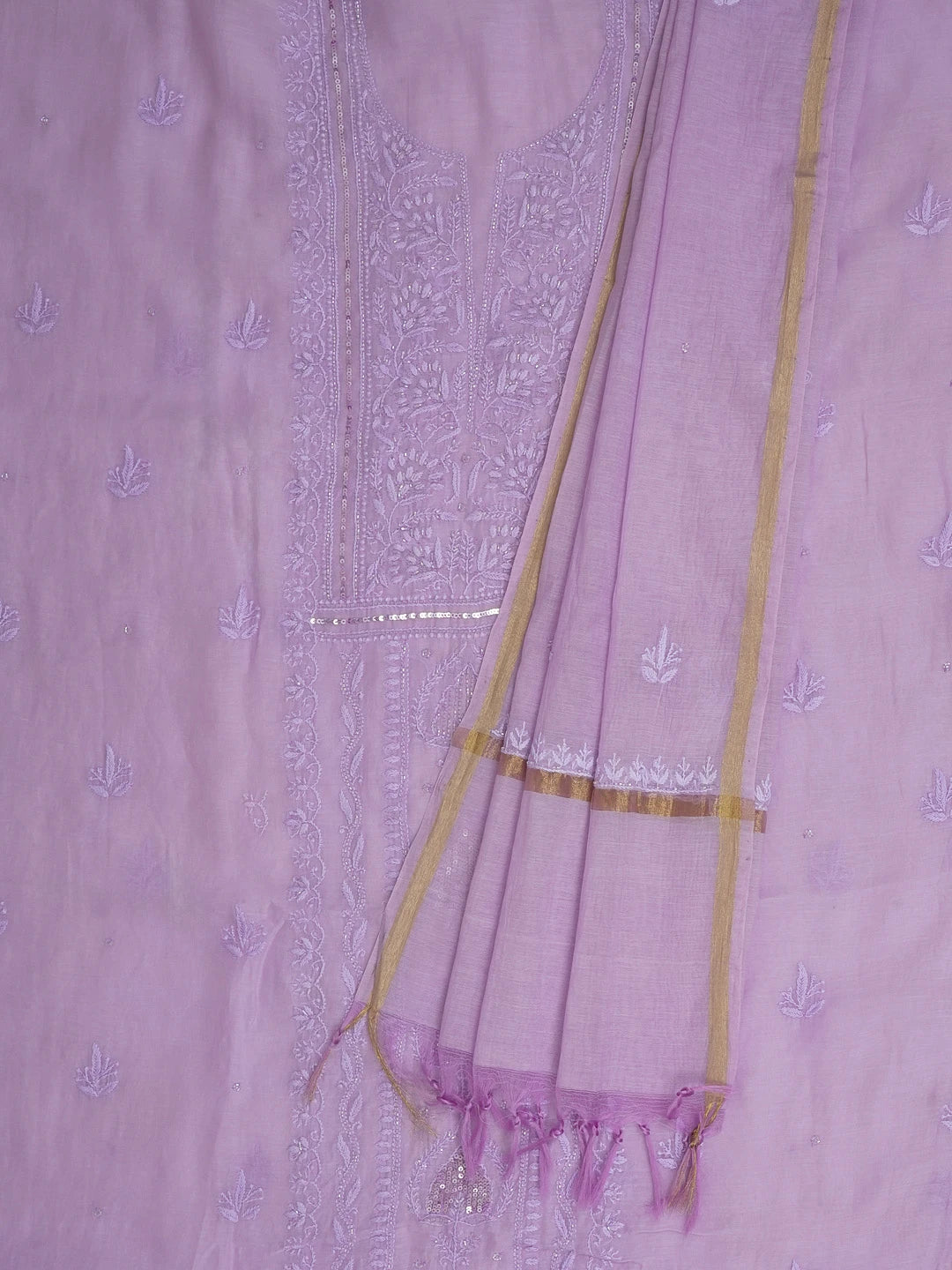 Ada Hand Embroidered Lavender Chanderi Lucknowi Chikankari Unstitched Kurta Dupatta Set With Sequinned and Cutdana Work 01A598601