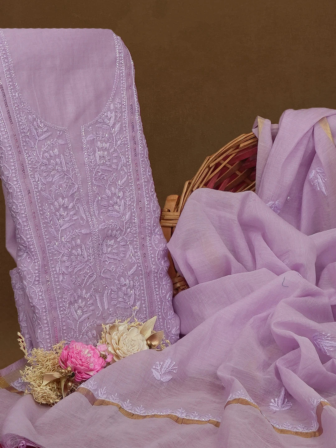 Ada Hand Embroidered Lavender Chanderi Lucknowi Chikankari Unstitched Kurta Dupatta Set With Sequinned and Cutdana Work 01A598601