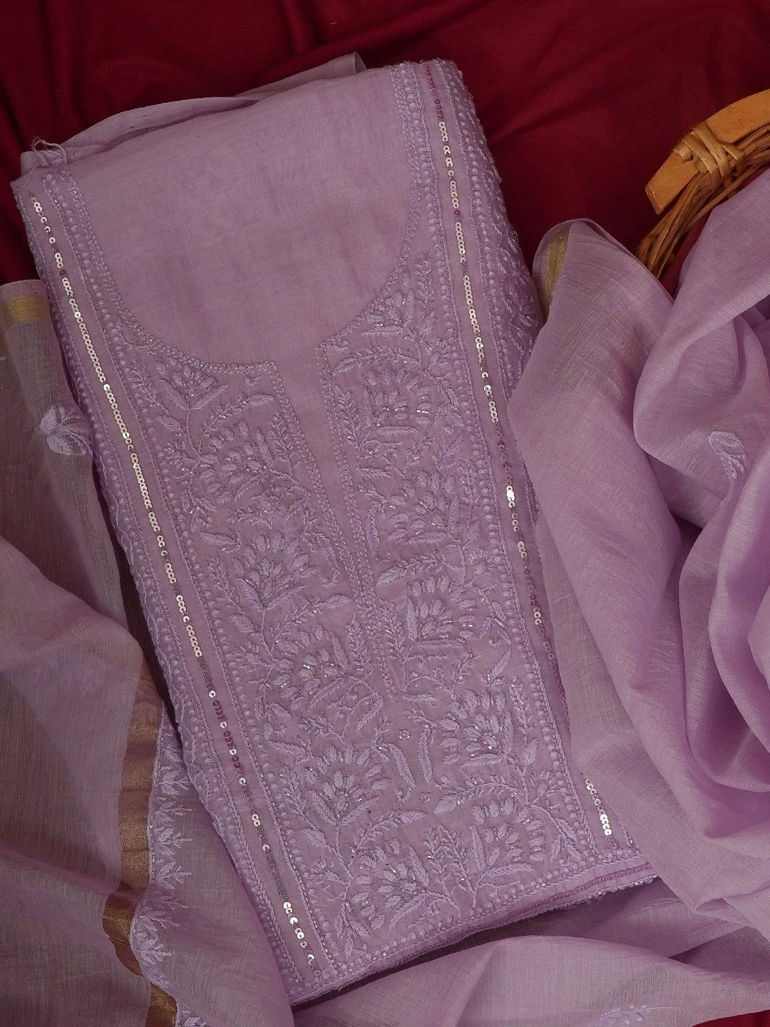Ada Hand Embroidered Lavender Chanderi Lucknowi Chikankari Unstitched Kurta Dupatta Set With Sequinned and Cutdana Work 01A598601