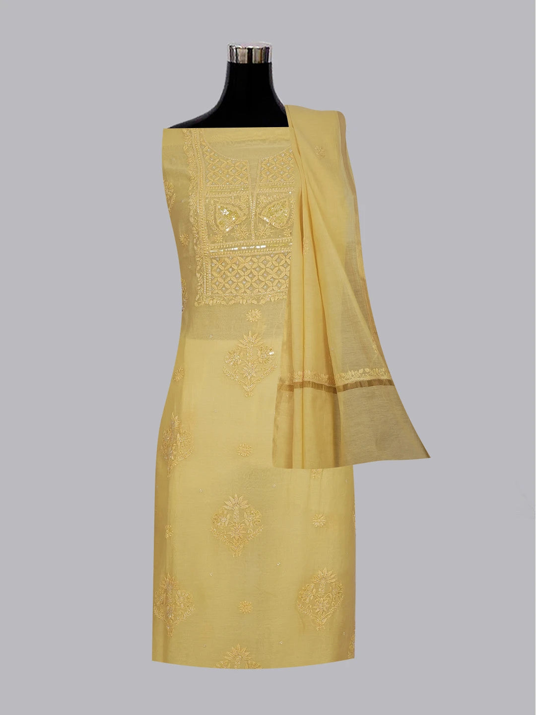 Ada Hand Embroidered Beige Chanderi Lucknowi Chikankari Unstitched Kurta Dupatta Set With Sequinned and Cutdana Work 01A598603