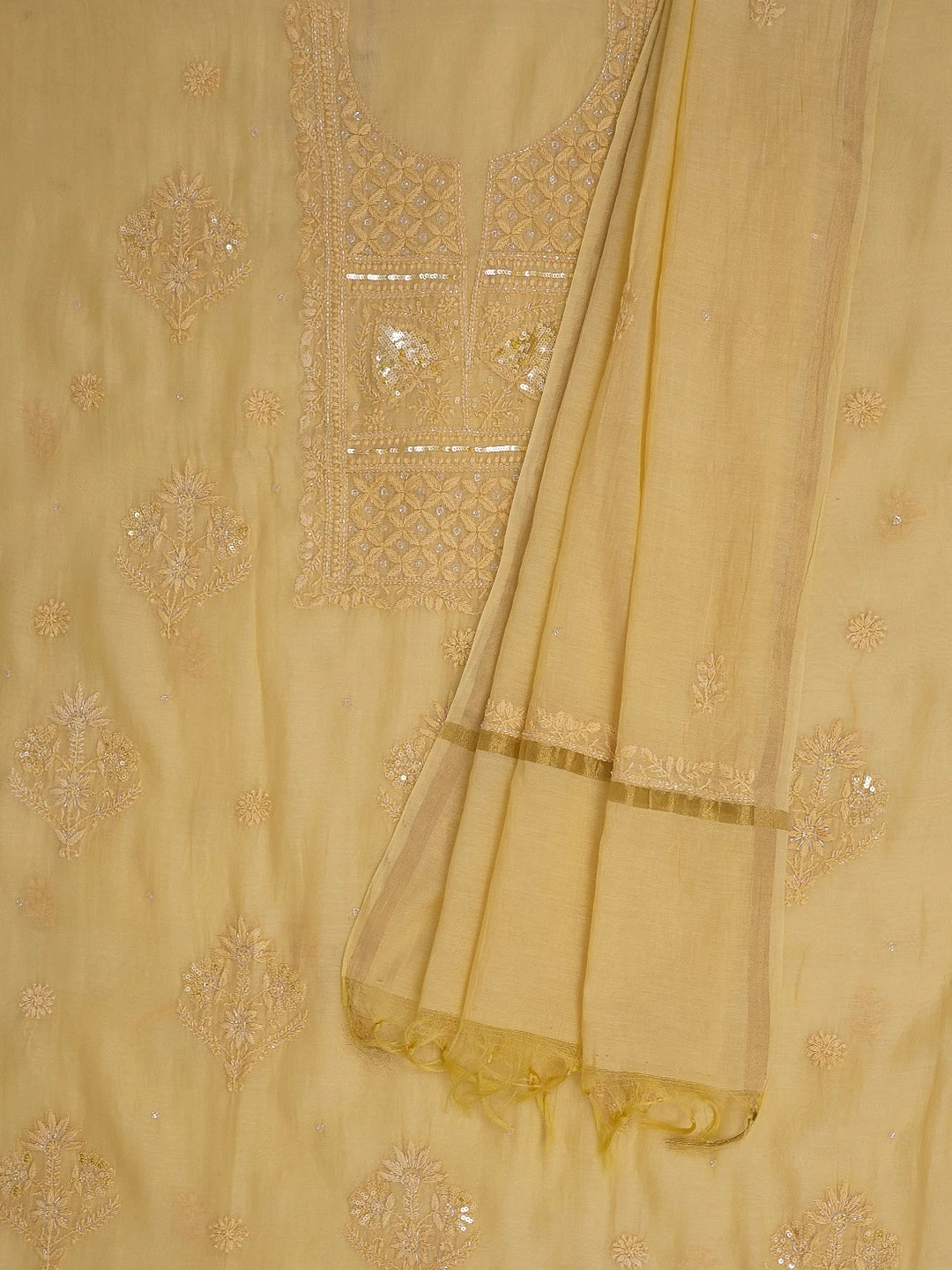 Ada Hand Embroidered Beige Chanderi Lucknowi Chikankari Unstitched Kurta Dupatta Set With Sequinned and Cutdana Work 01A598603