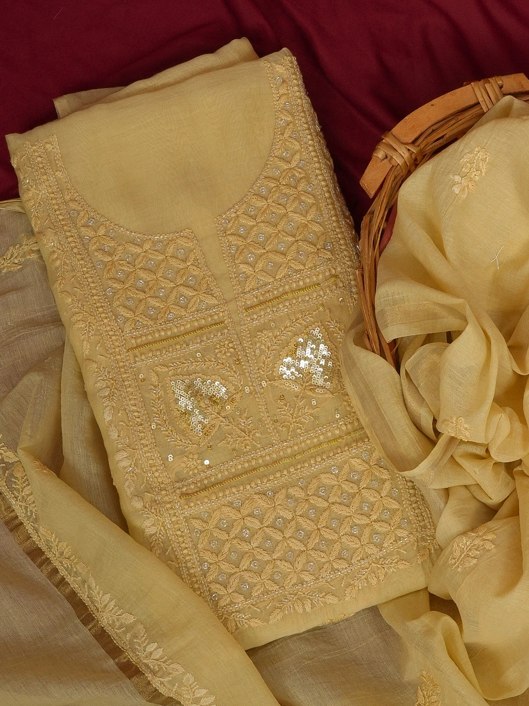 Ada Hand Embroidered Beige Chanderi Lucknowi Chikankari Unstitched Kurta Dupatta Set With Sequinned and Cutdana Work 01A598603