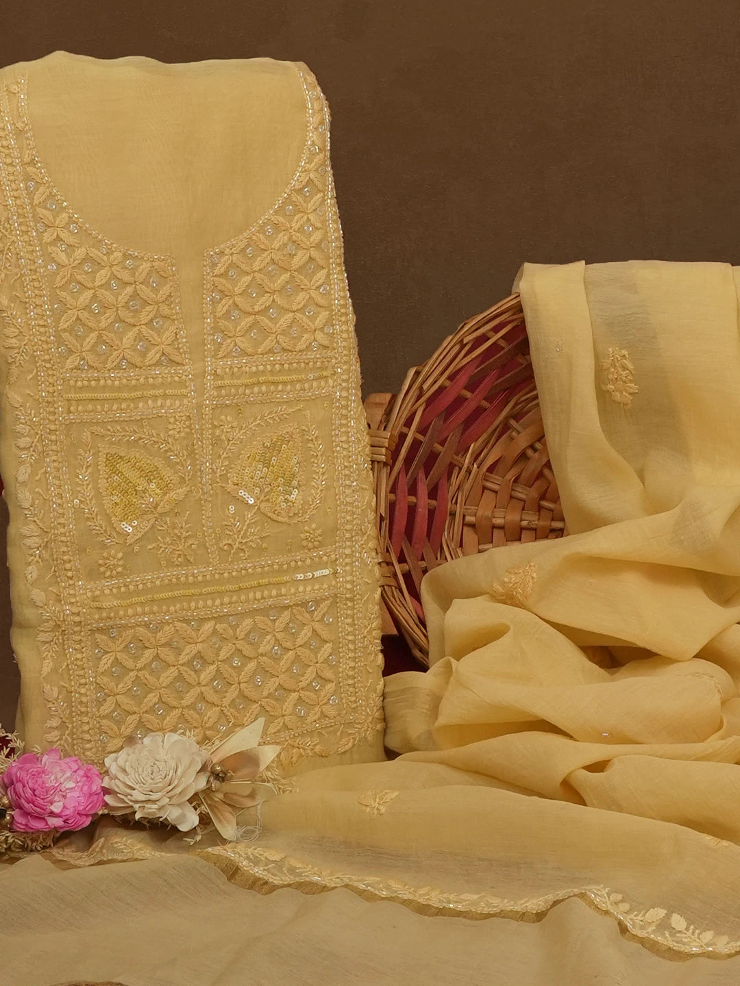 Ada Hand Embroidered Beige Chanderi Lucknowi Chikankari Unstitched Kurta Dupatta Set With Sequinned and Cutdana Work 01A598603