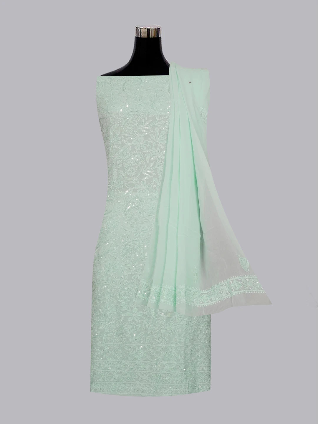 Ada Hand Embroidered Sea Green Viscose Georgette Lucknowi Chikankari Unstitched Kurta Dupatta Set With Sequinned Work 01A578909