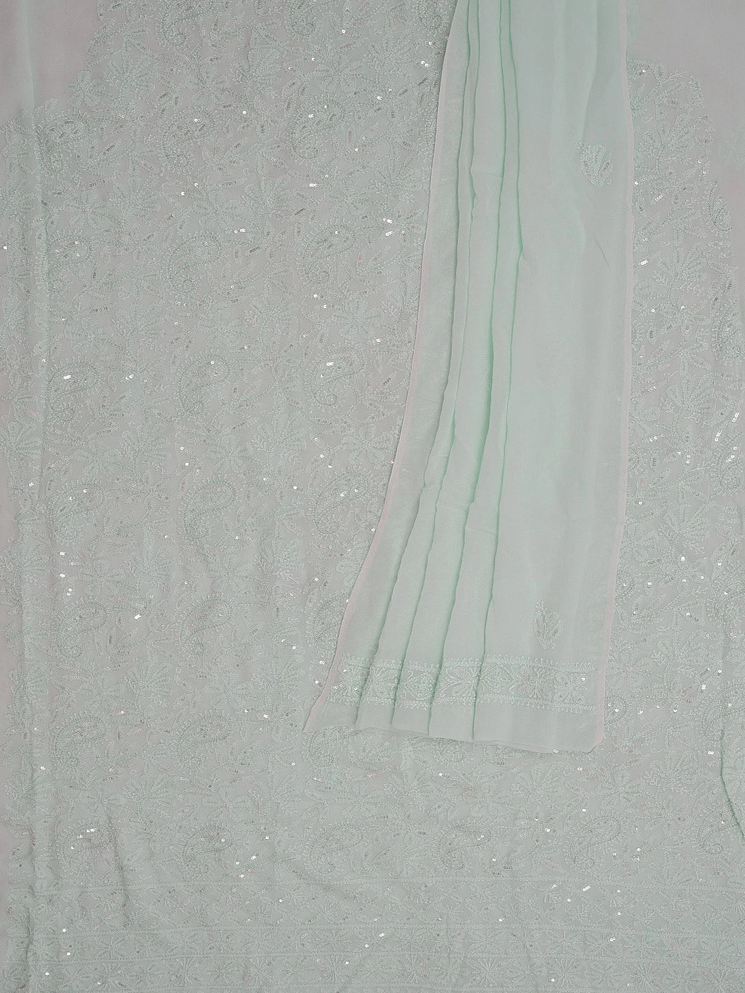 Ada Hand Embroidered Sea Green Viscose Georgette Lucknowi Chikankari Unstitched Kurta Dupatta Set With Sequinned Work 01A578909