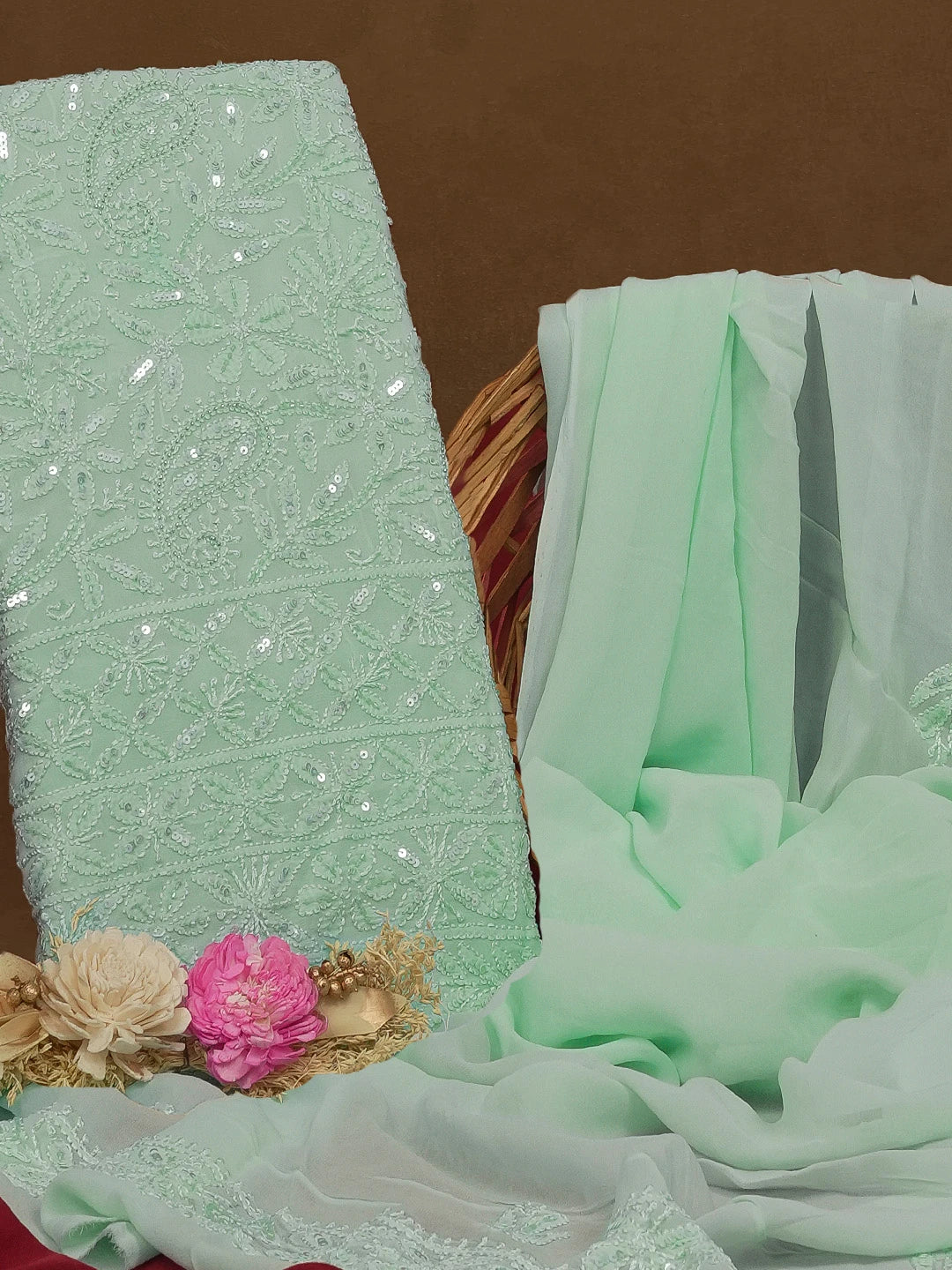 Ada Hand Embroidered Sea Green Viscose Georgette Lucknowi Chikankari Unstitched Kurta Dupatta Set With Sequinned Work 01A578909