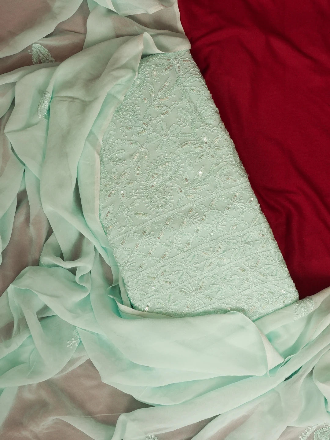 Ada Hand Embroidered Sea Green Viscose Georgette Lucknowi Chikankari Unstitched Kurta Dupatta Set With Sequinned Work 01A578909