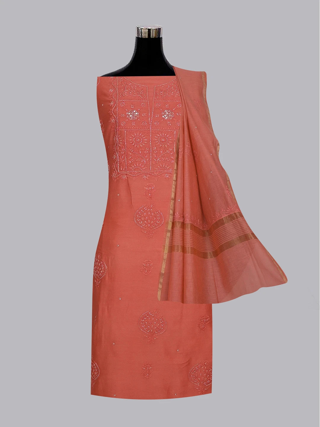 Ada Hand Embroidered Carrot Pink Chanderi Lucknowi Chikankari Unstitched Kurta Dupatta Set With Cutdana Work 01A598606