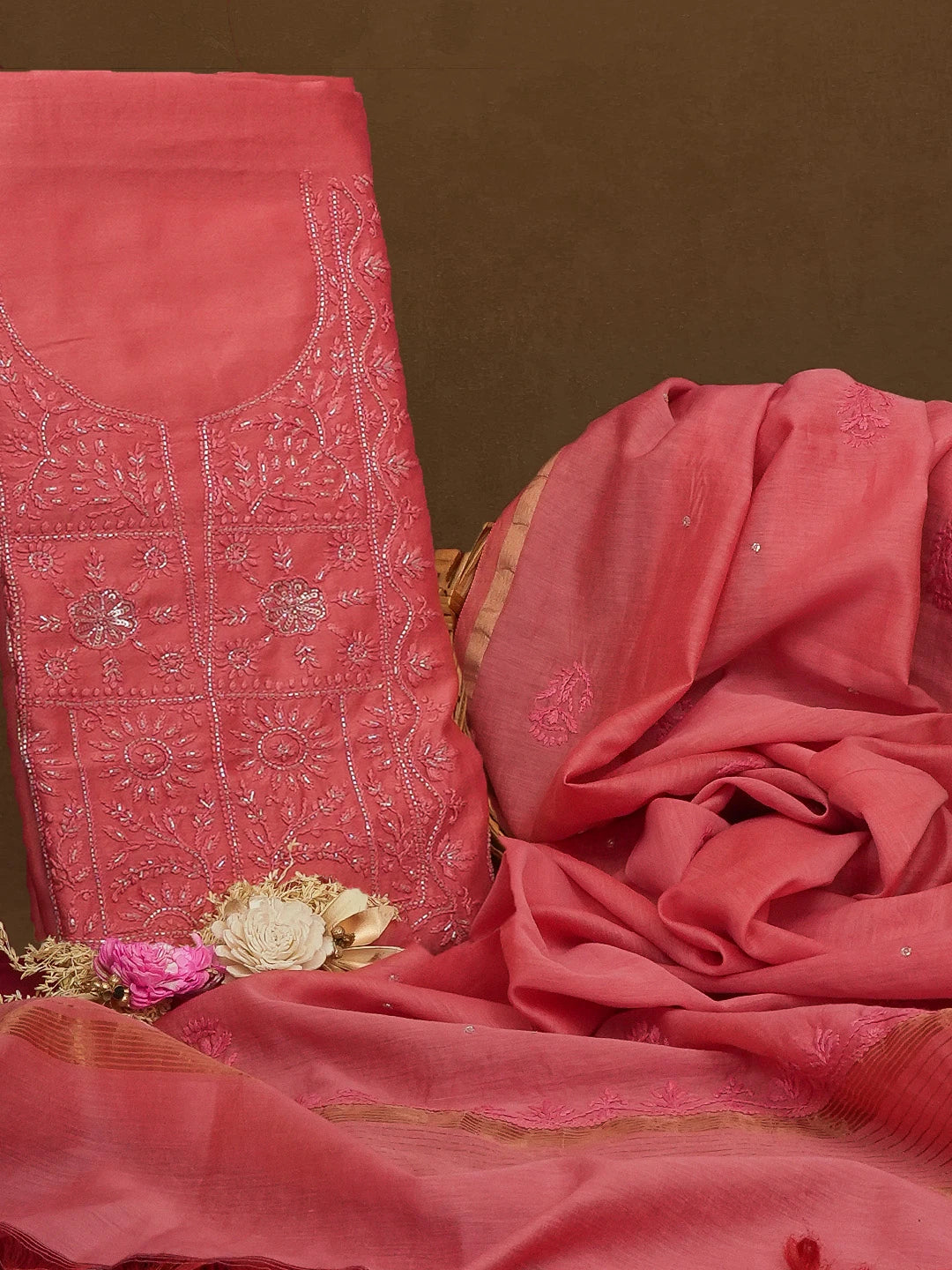 Ada Hand Embroidered Carrot Pink Chanderi Lucknowi Chikankari Unstitched Kurta Dupatta Set With Cutdana Work 01A598606
