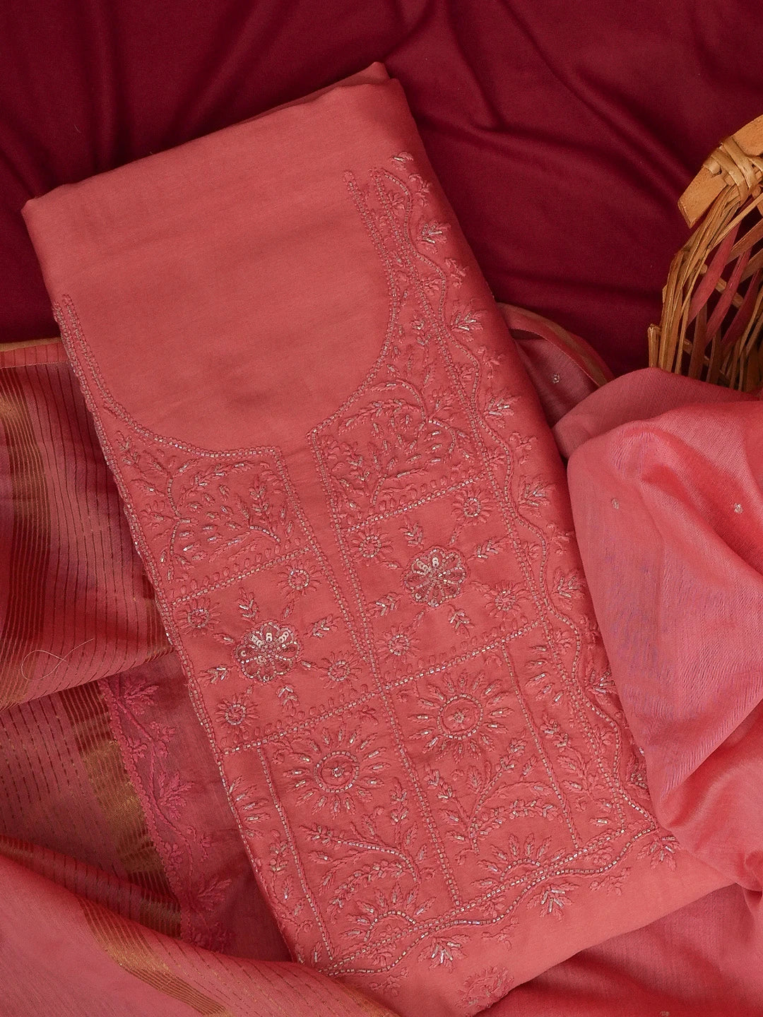 Ada Hand Embroidered Carrot Pink Chanderi Lucknowi Chikankari Unstitched Kurta Dupatta Set With Cutdana Work 01A598606