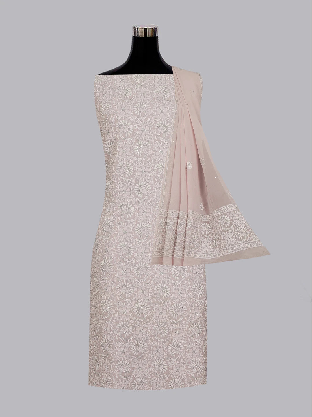 Ada Hand Embroidered Dusty Pink Pure Georgette Lucknowi Chikankari Unstitched Kurta Dupatta Set with Pearl and Sequinned Work A536364