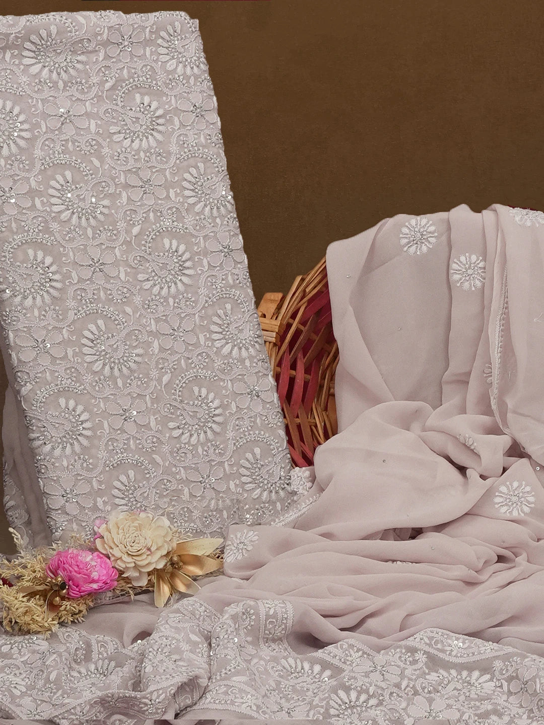 Ada Hand Embroidered Dusty Pink Pure Georgette Lucknowi Chikankari Unstitched Kurta Dupatta Set with Pearl and Sequinned Work A536364