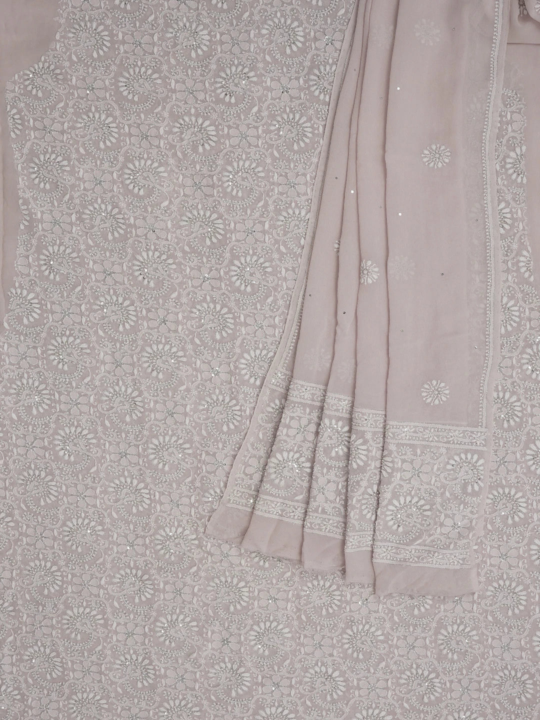 Ada Hand Embroidered Dusty Pink Pure Georgette Lucknowi Chikankari Unstitched Kurta Dupatta Set with Pearl and Sequinned Work A536364