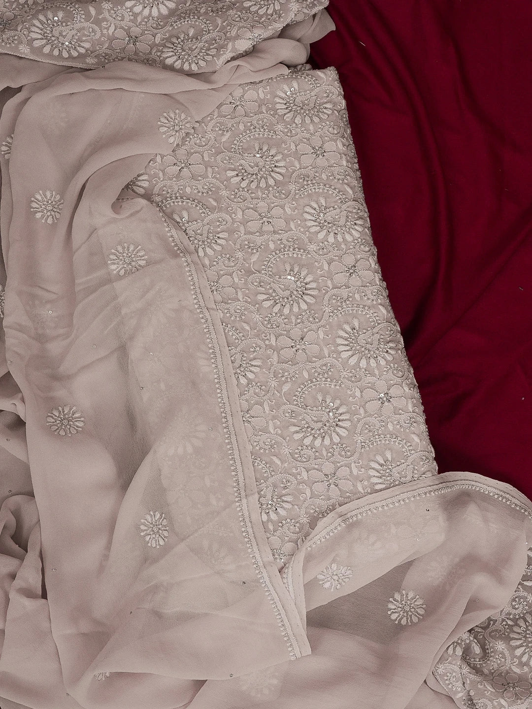 Ada Hand Embroidered Dusty Pink Pure Georgette Lucknowi Chikankari Unstitched Kurta Dupatta Set with Pearl and Sequinned Work A536364