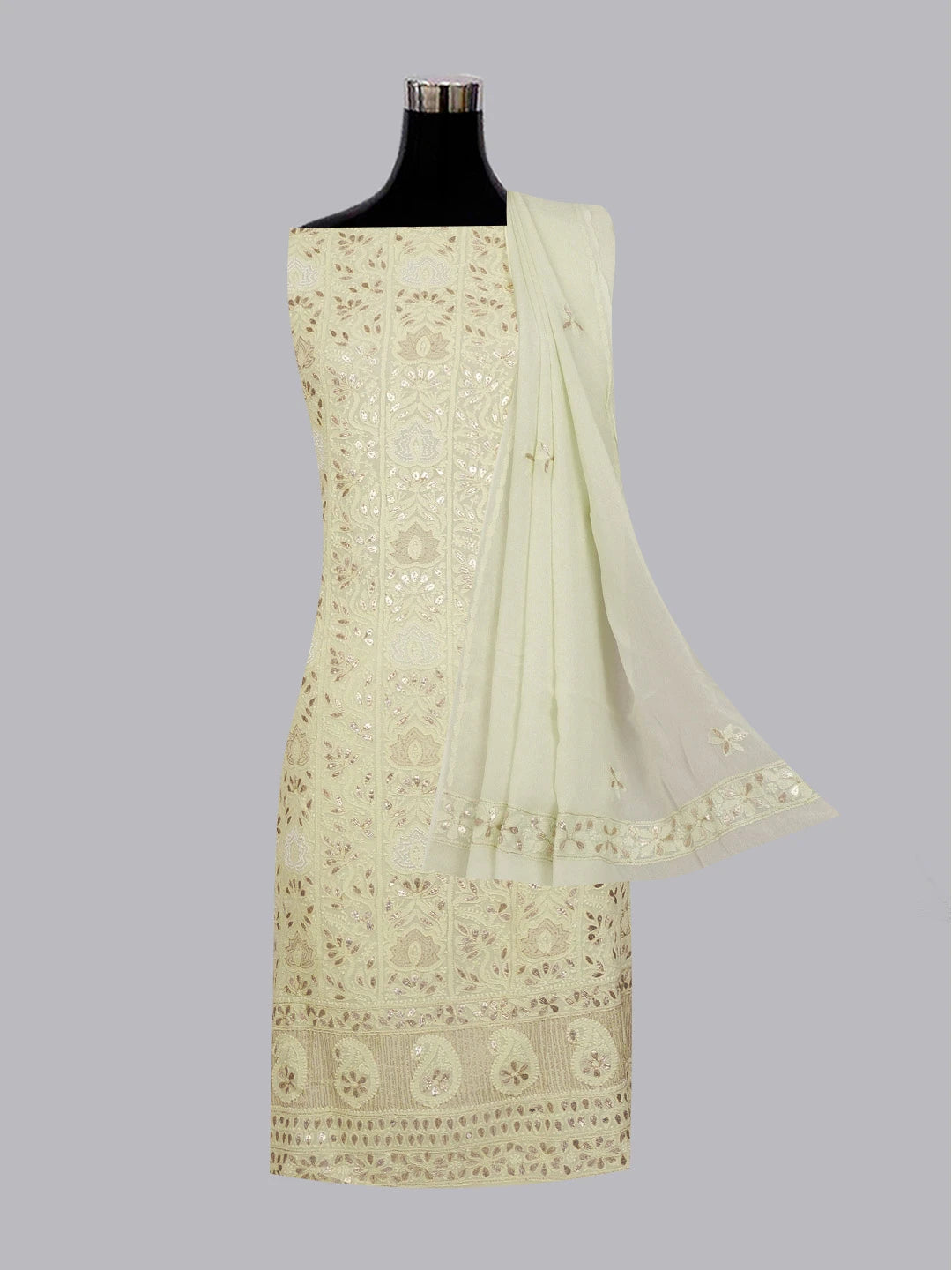 Ada Hand Embroidered Tea Green Viscose Georgette Lucknowi Chikankari Unstitched Kurta Dupatta Set With Gota Patti Work 01A542706