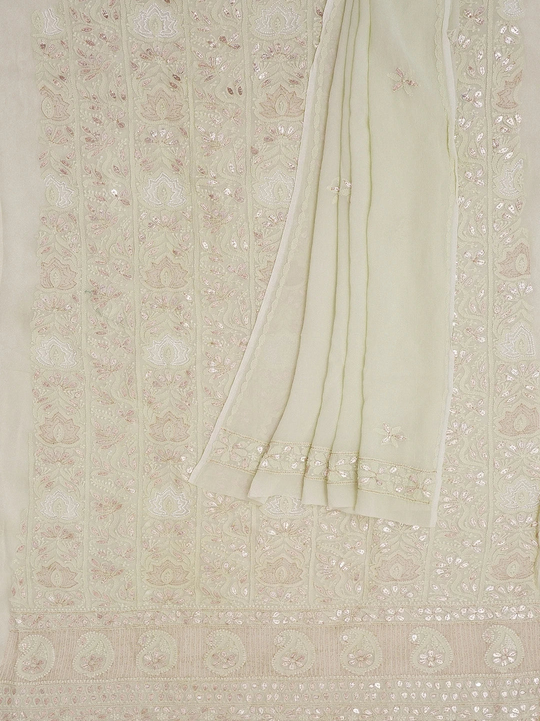 Ada Hand Embroidered Tea Green Viscose Georgette Lucknowi Chikankari Unstitched Kurta Dupatta Set With Gota Patti Work 01A542706