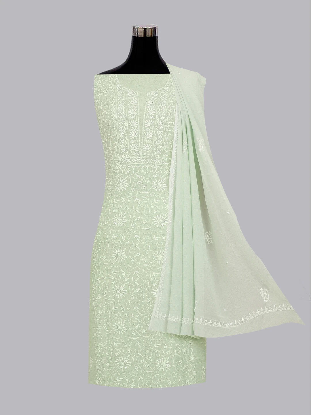 Ada Hand Embroidered Sea Green Viscose Georgette Lucknowi Chikankari Unstitched Kurta Dupatta Set with Cutdana and Pearl Work 01A545361