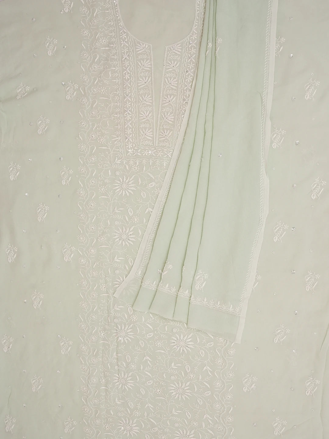 Ada Hand Embroidered Sea Green Viscose Georgette Lucknowi Chikankari Unstitched Kurta Dupatta Set with Cutdana and Pearl Work 01A545361