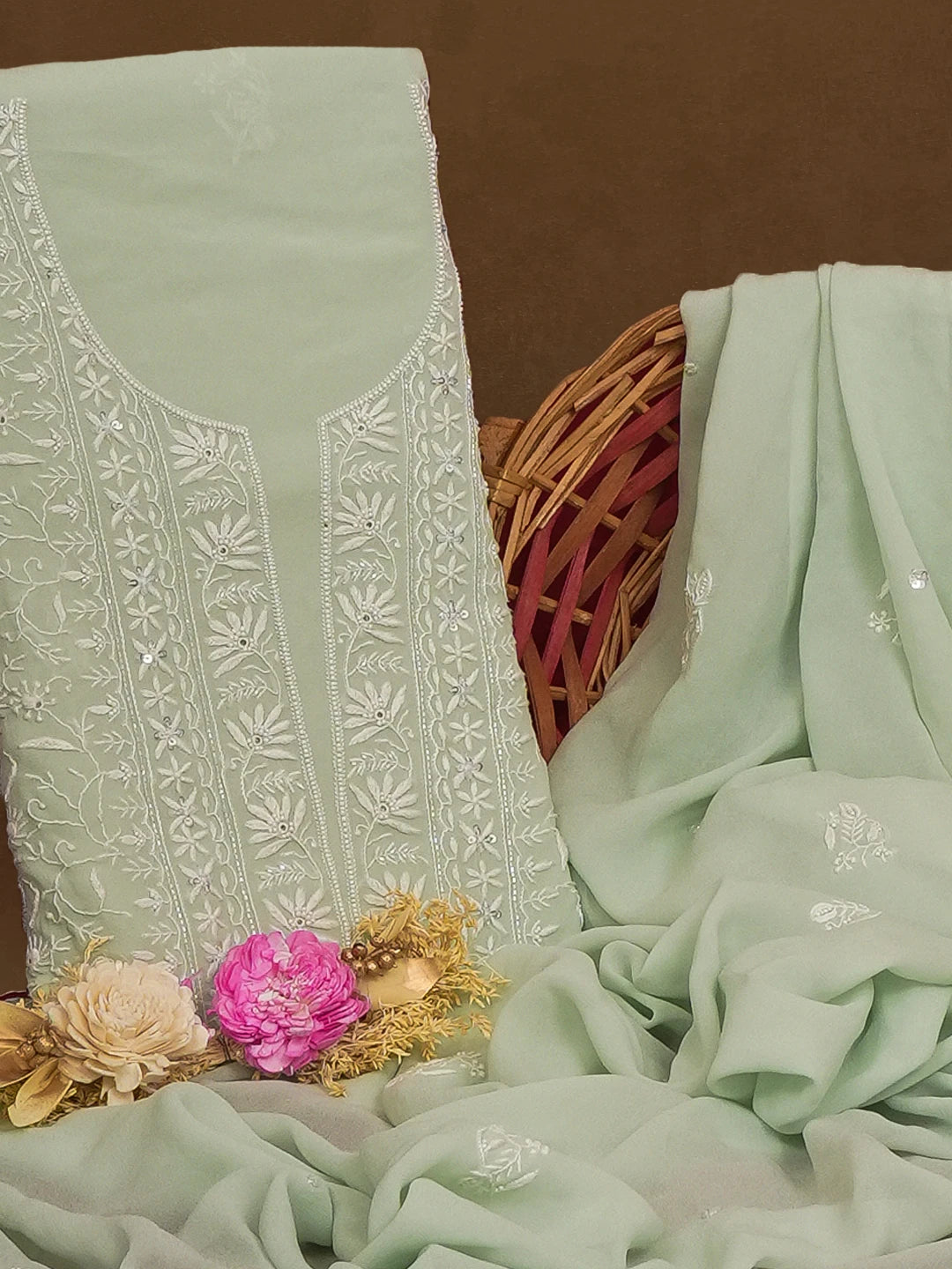 Ada Hand Embroidered Sea Green Viscose Georgette Lucknowi Chikankari Unstitched Kurta Dupatta Set with Cutdana and Pearl Work 01A545361