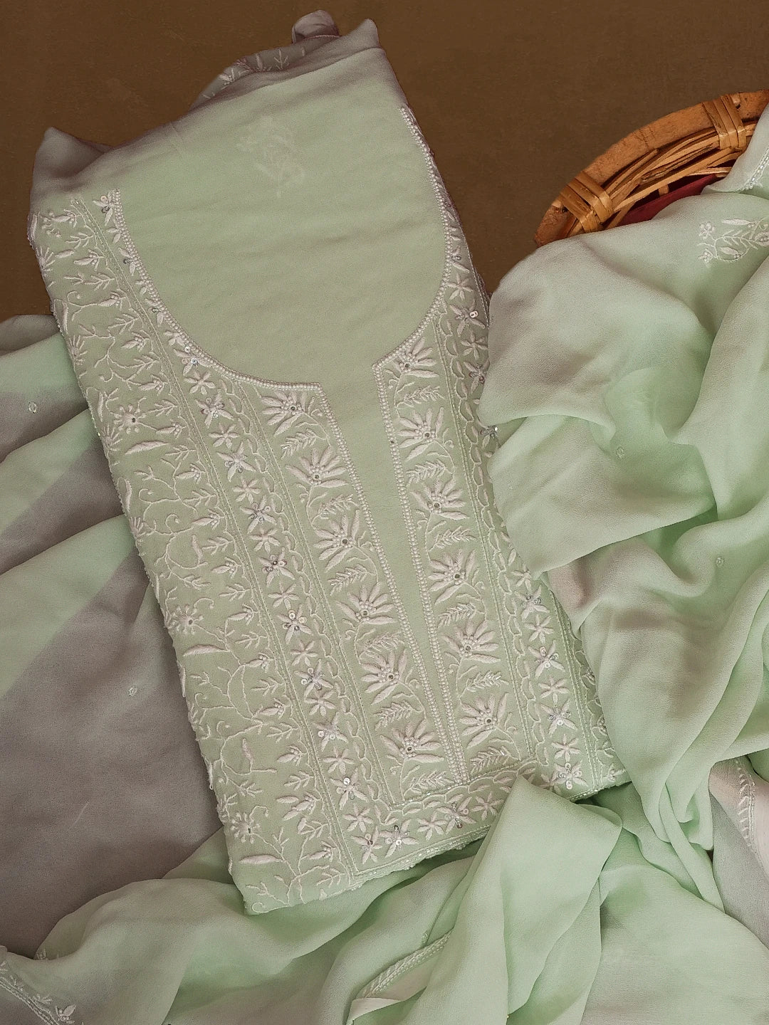 Ada Hand Embroidered Sea Green Viscose Georgette Lucknowi Chikankari Unstitched Kurta Dupatta Set with Cutdana and Pearl Work 01A545361