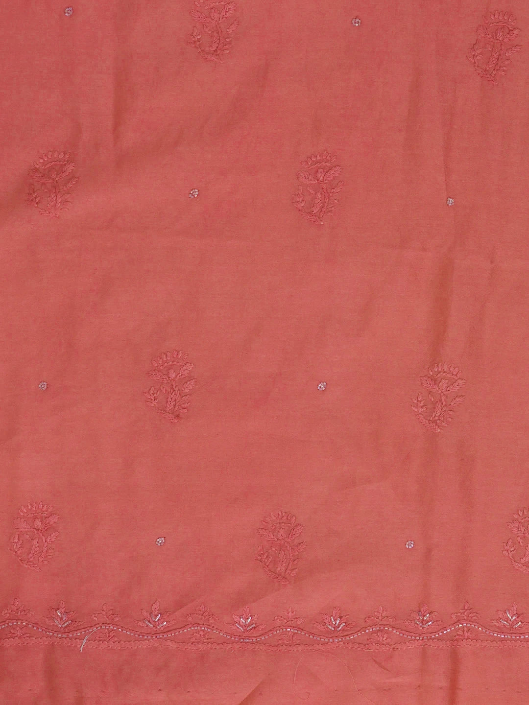 Ada Hand Embroidered Carrot Pink Chanderi Lucknowi Chikankari Unstitched Kurta Dupatta Set With Cutdana Work 01A598606