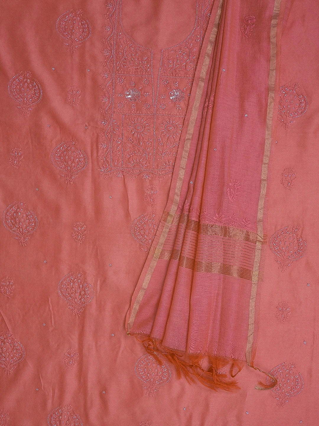 Ada Hand Embroidered Carrot Pink Chanderi Lucknowi Chikankari Unstitched Kurta Dupatta Set With Cutdana Work 01A598606