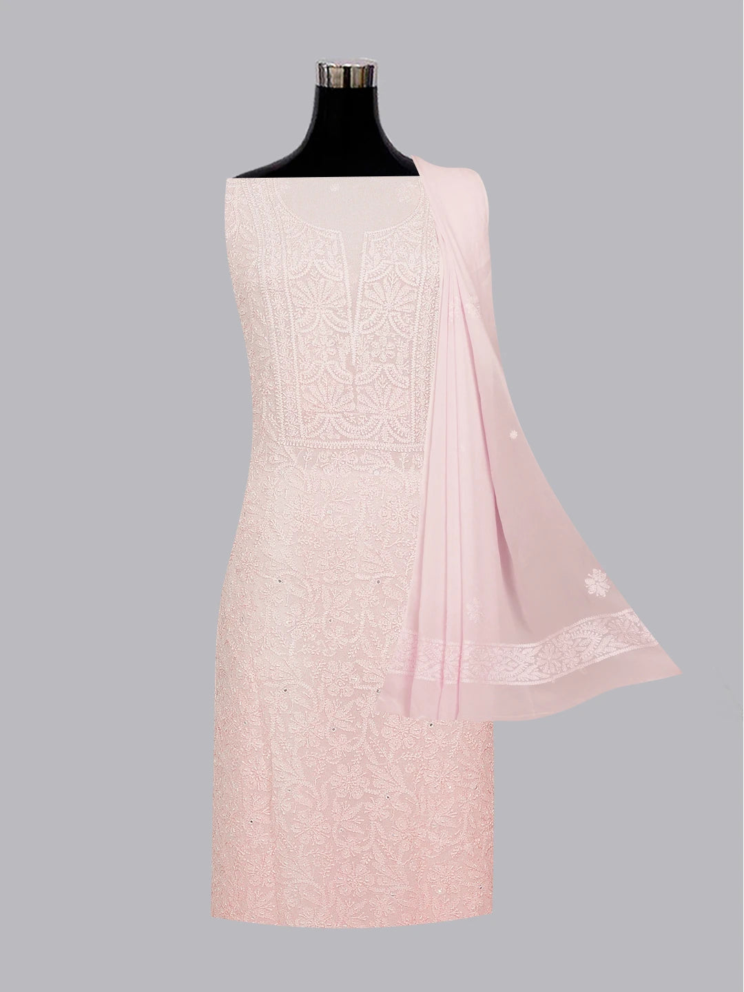 Ada Hand Embroidered Pink Viscose Georgette Lucknowi Chikankari Unstitched Kurta Dupatta Set with Pearl and Mirror Work 01A488179