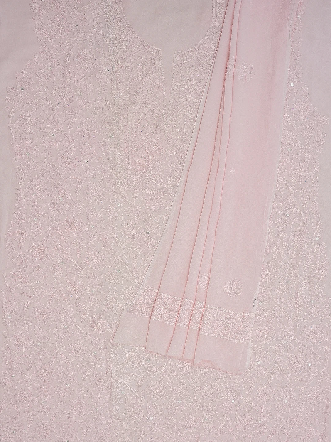 Ada Hand Embroidered Pink Viscose Georgette Lucknowi Chikankari Unstitched Kurta Dupatta Set with Pearl and Mirror Work 01A488179