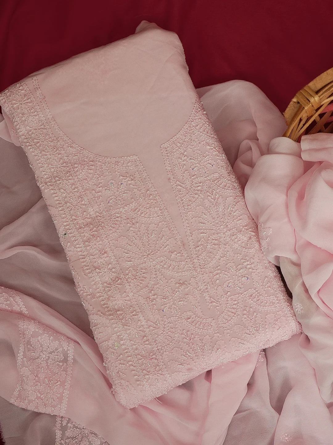 Ada Hand Embroidered Pink Viscose Georgette Lucknowi Chikankari Unstitched Kurta Dupatta Set with Pearl and Mirror Work 01A488179