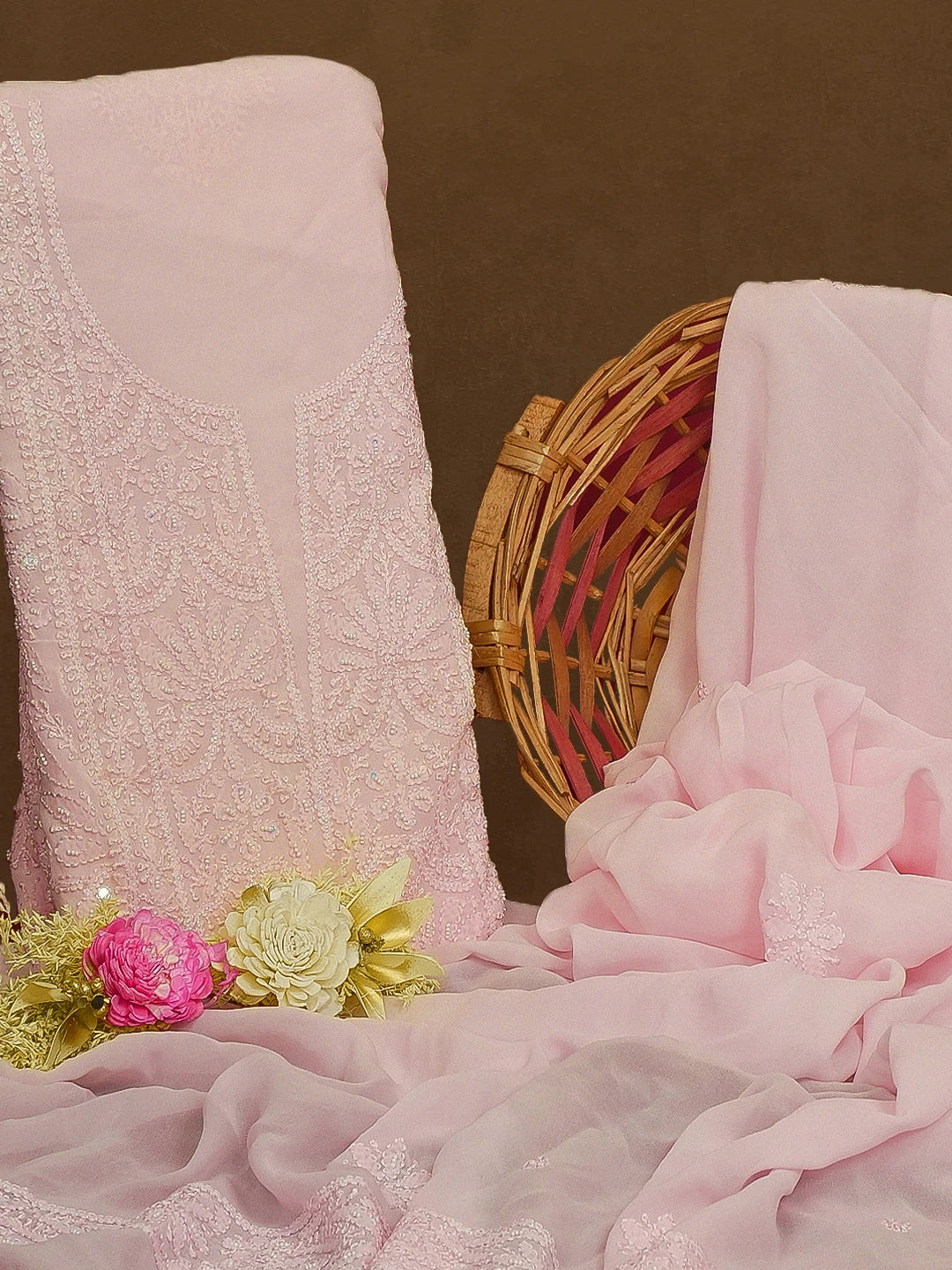 Ada Hand Embroidered Pink Viscose Georgette Lucknowi Chikankari Unstitched Kurta Dupatta Set with Pearl and Mirror Work 01A488179