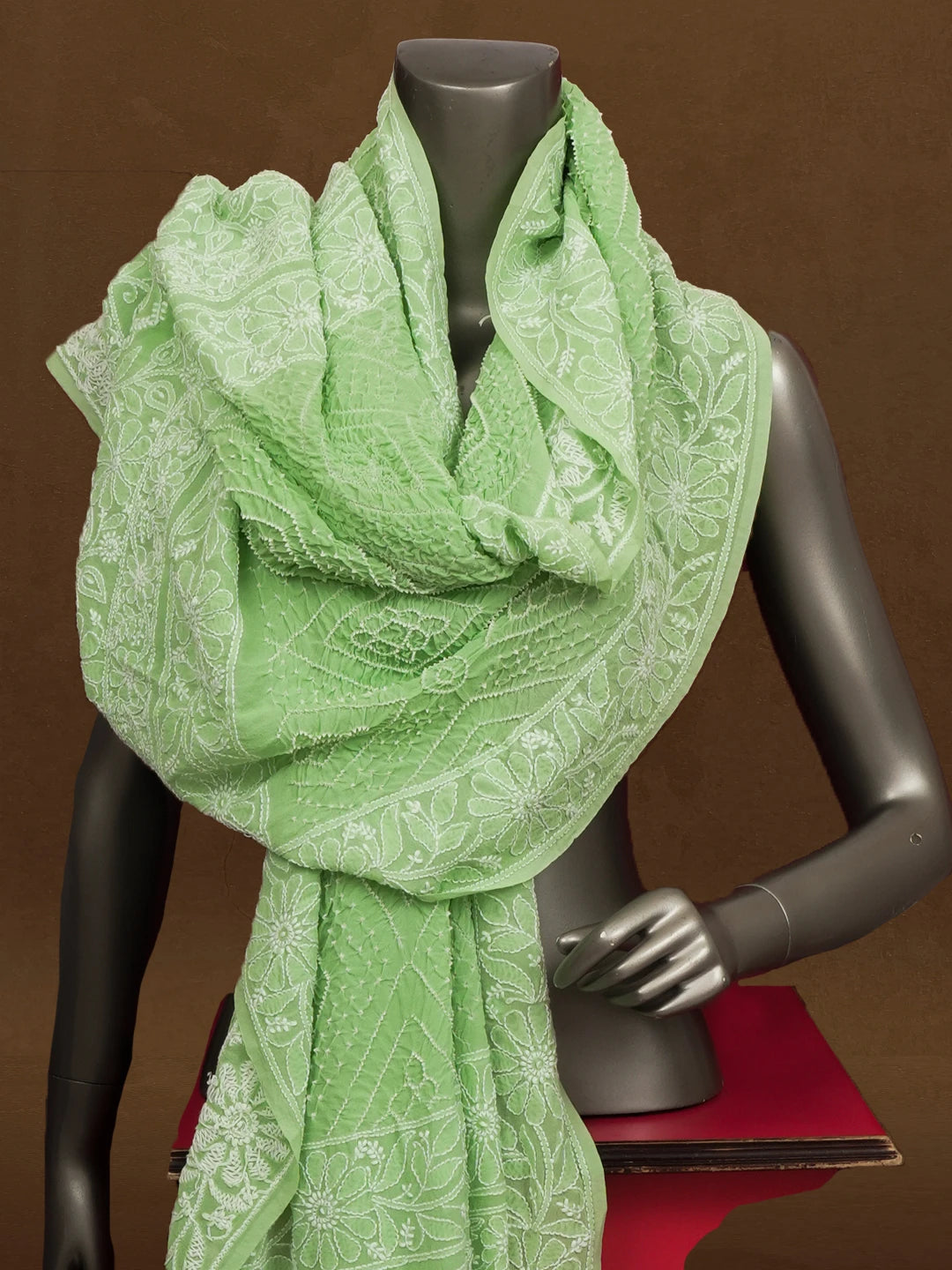 Ada Hand Embroidered Sage Green Pure Georgette Lucknowi Chikankari Dupatta 01A592075