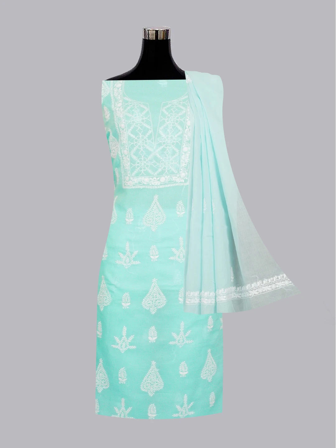 Ada Hand Embroidered Sky Blue Cotton Lucknowi Chikankari Unstitched Suit Set 01A595942