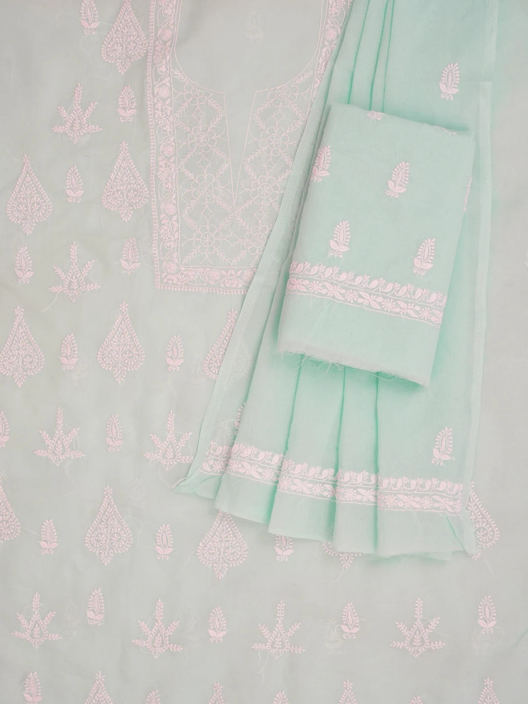 Ada Hand Embroidered Sky Blue Cotton Lucknowi Chikankari Unstitched Suit Set 01A595942