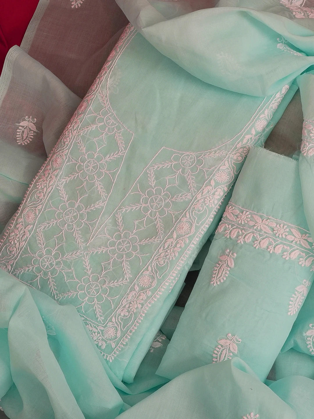 Ada Hand Embroidered Sky Blue Cotton Lucknowi Chikankari Unstitched Suit Set 01A595942