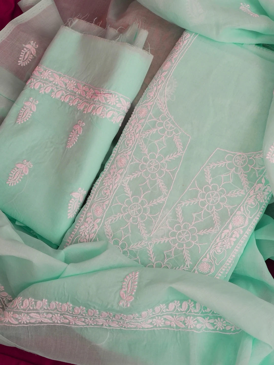 Ada Hand Embroidered Sky Blue Cotton Lucknowi Chikankari Unstitched Suit Set 01A595942