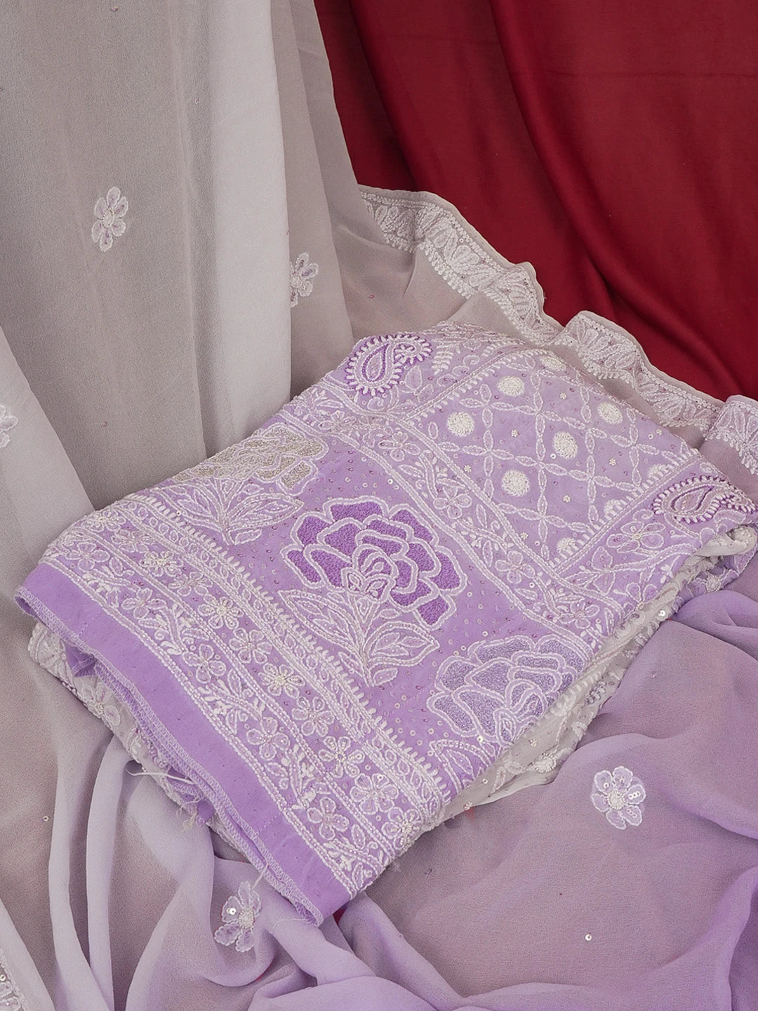 Ada Hand Embroidered Ombre Shade of White And Periwinkle Blue Pure Georgette Lucknowi Chikankari Semi-Stitched Anarkali Kurta Dupatta Set With Sequinned Work 01A558662