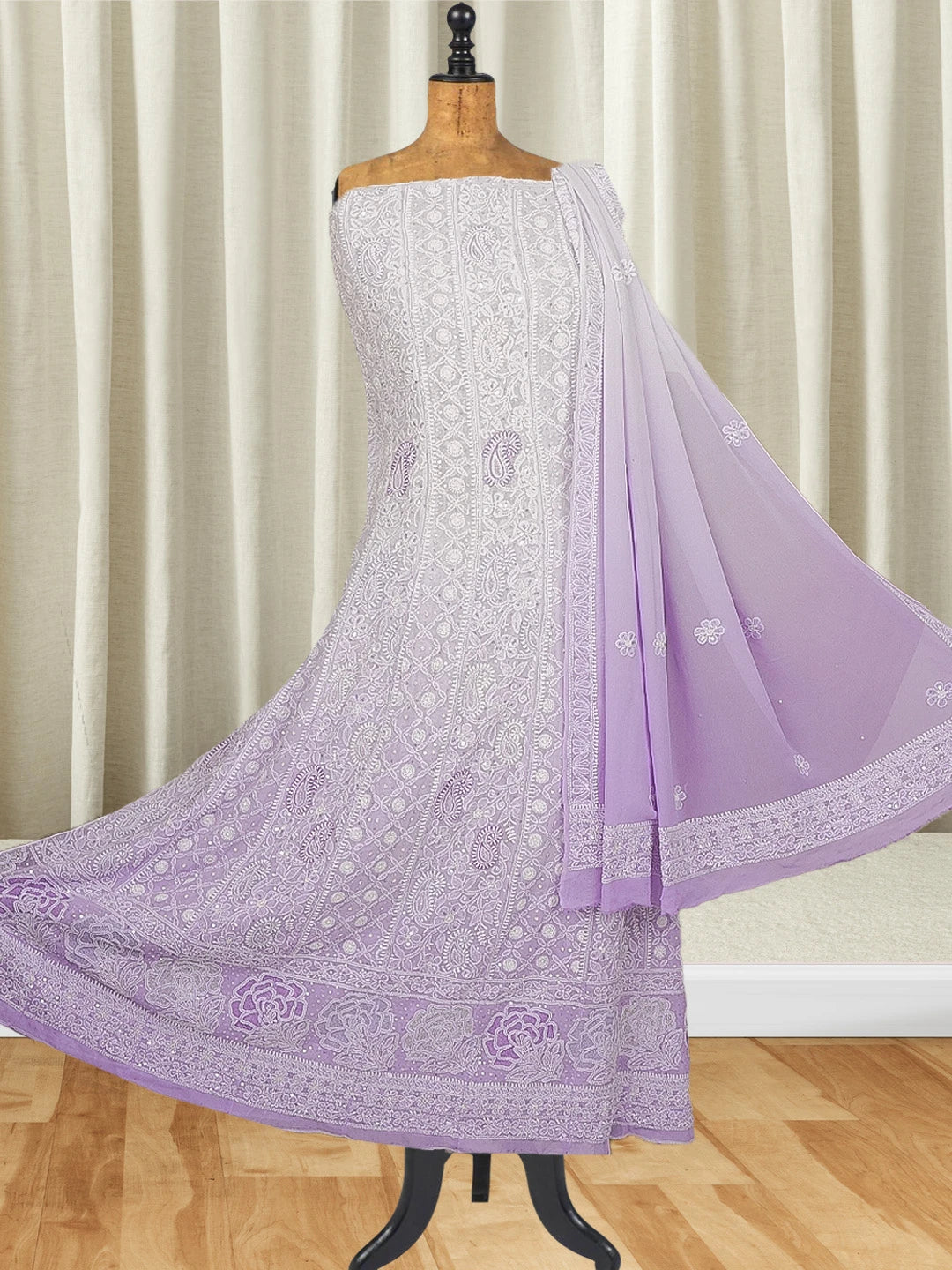 Ada Hand Embroidered Ombre Shade of White And Periwinkle Blue Pure Georgette Lucknowi Chikankari Semi-Stitched Anarkali Kurta Dupatta Set With Sequinned Work 01A558662