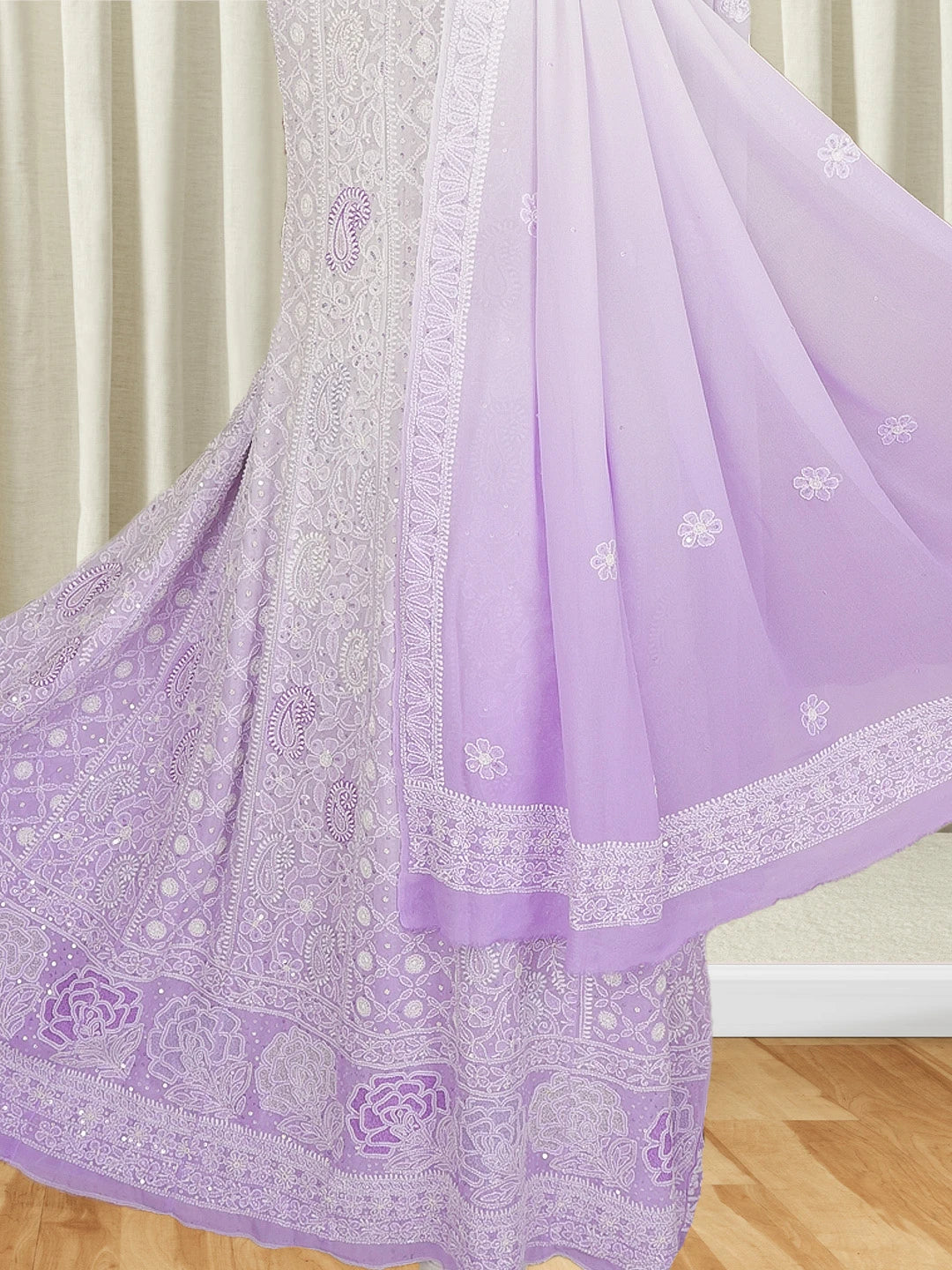 Ada Hand Embroidered Ombre Shade of White And Periwinkle Blue Pure Georgette Lucknowi Chikankari Semi-Stitched Anarkali Kurta Dupatta Set With Sequinned Work 01A558662