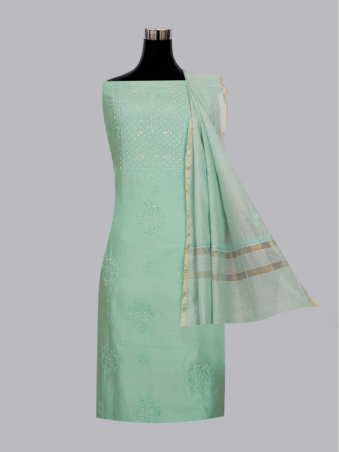 Ada Hand Embroidered Teal Green Chanderi Lucknowi Chikankari Unstitched Kurta Dupatta Set with Cutdana Work 01A598605