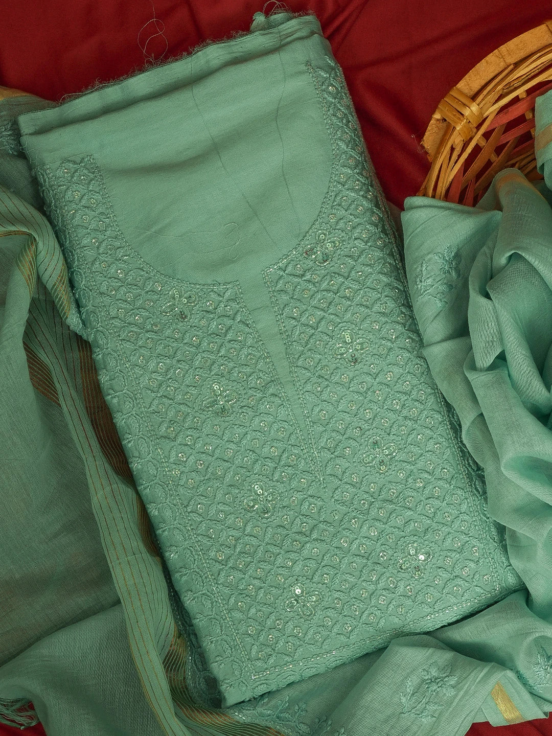 Ada Hand Embroidered Teal Green Chanderi Lucknowi Chikankari Unstitched Kurta Dupatta Set with Cutdana Work 01A598605