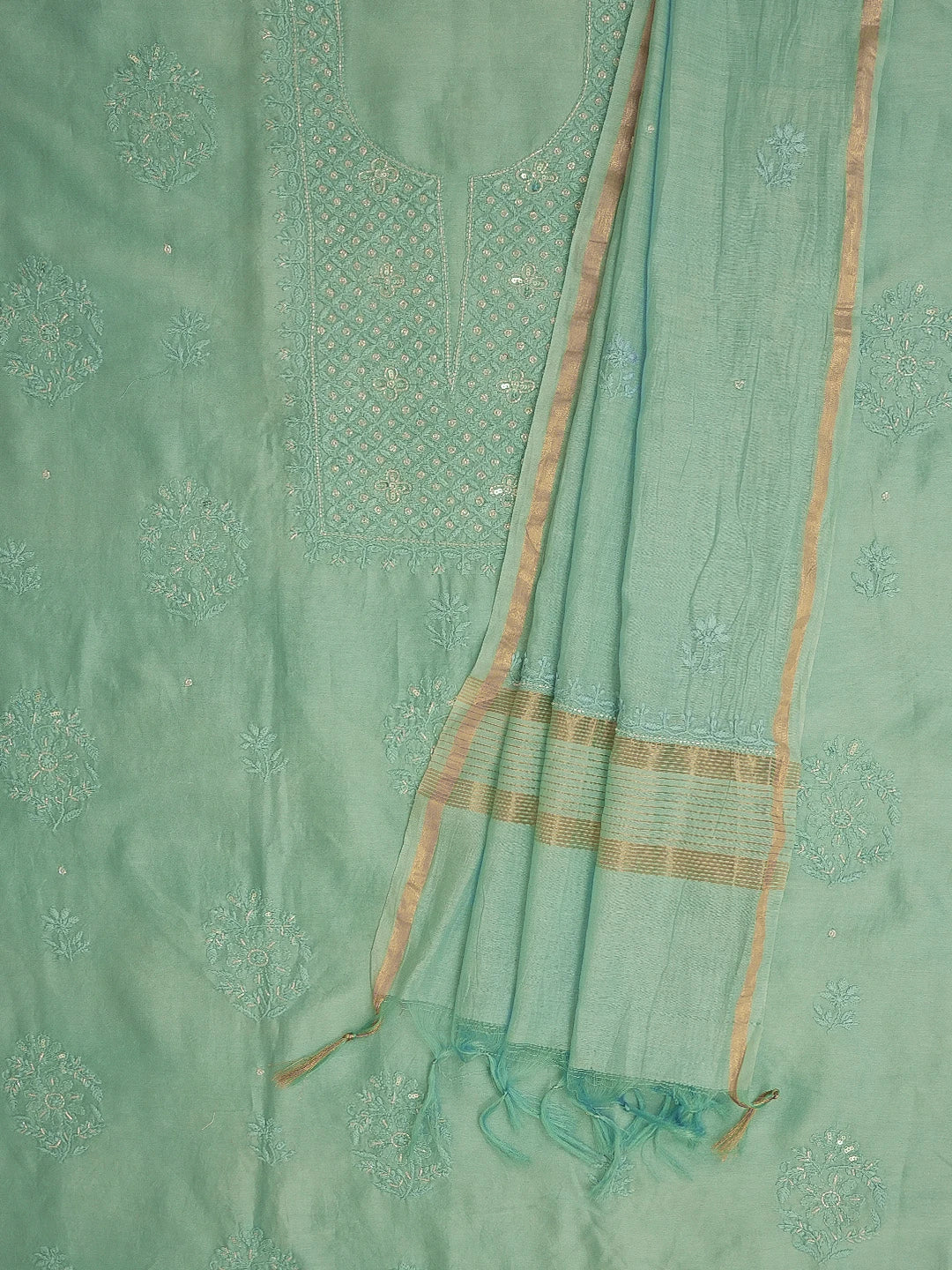 Ada Hand Embroidered Teal Green Chanderi Lucknowi Chikankari Unstitched Kurta Dupatta Set with Cutdana Work 01A598605
