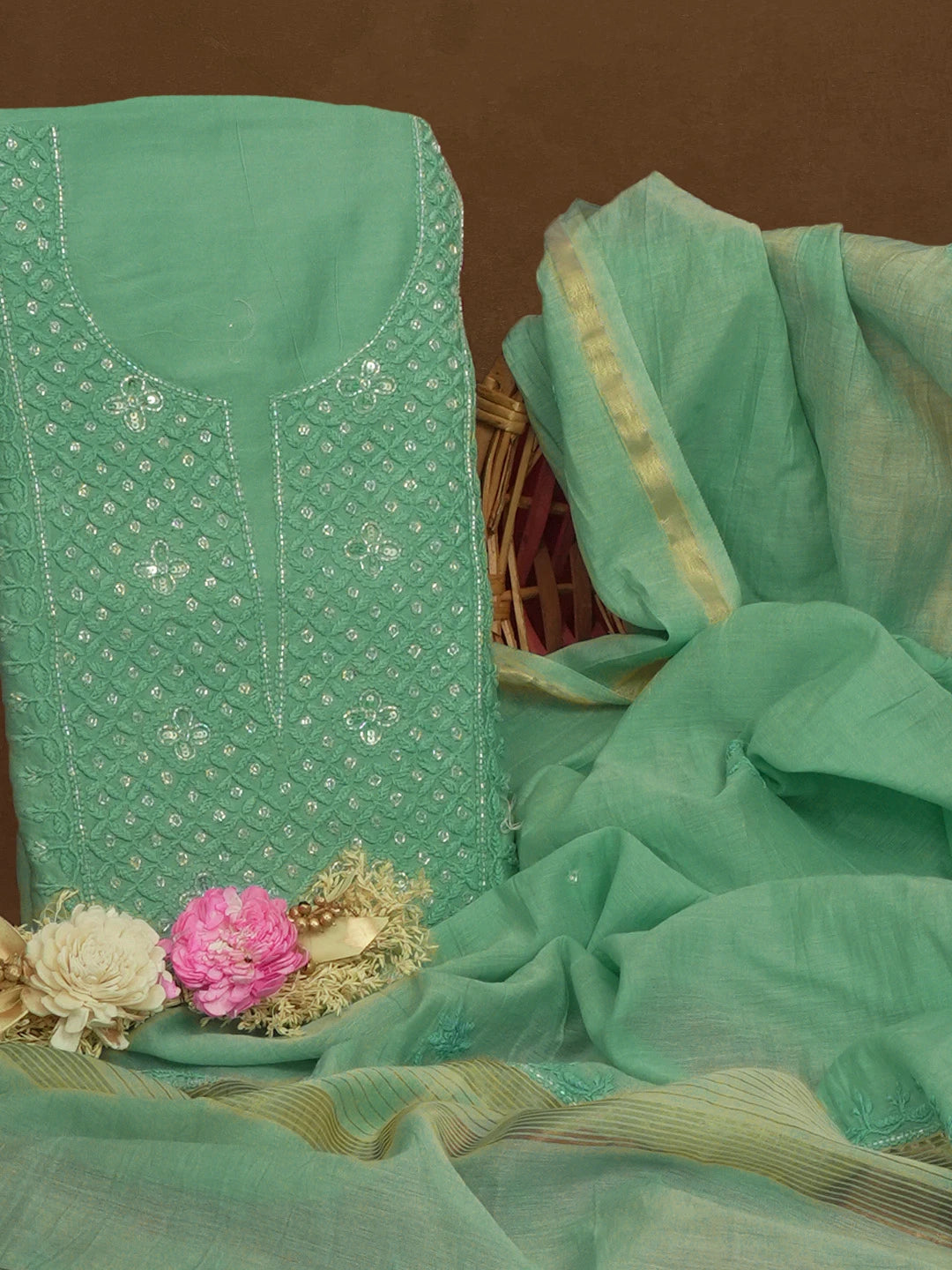 Ada Hand Embroidered Teal Green Chanderi Lucknowi Chikankari Unstitched Kurta Dupatta Set with Cutdana Work 01A598605