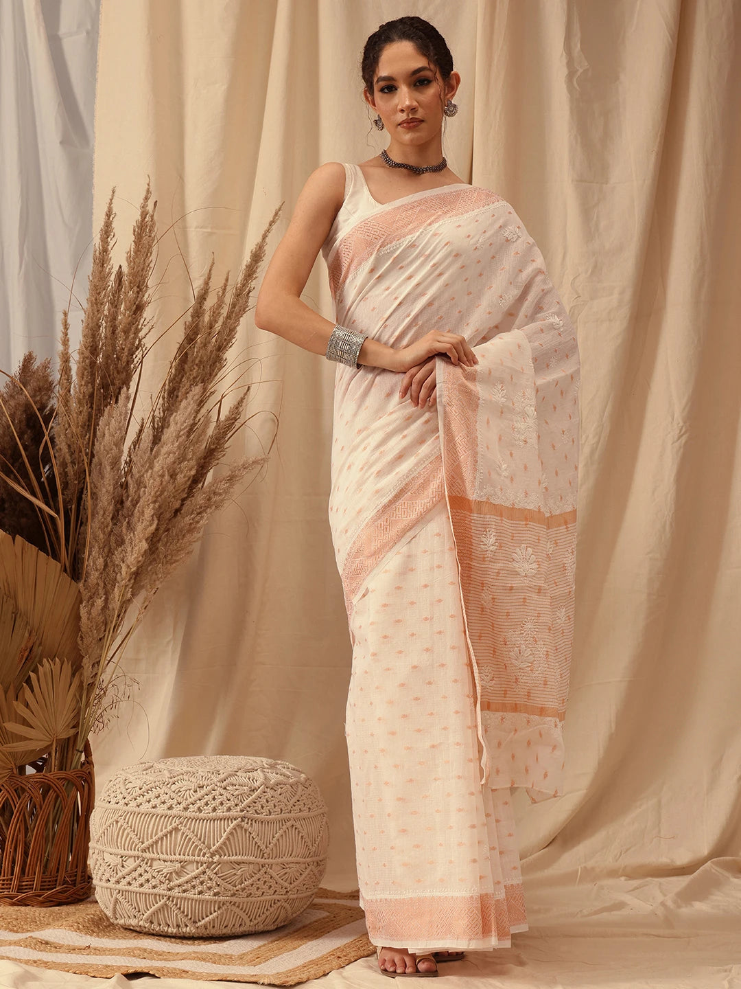 Ada Hand Embroidered Off White Chanderi Lucknowi Chikankari Saree With Blouse A311375